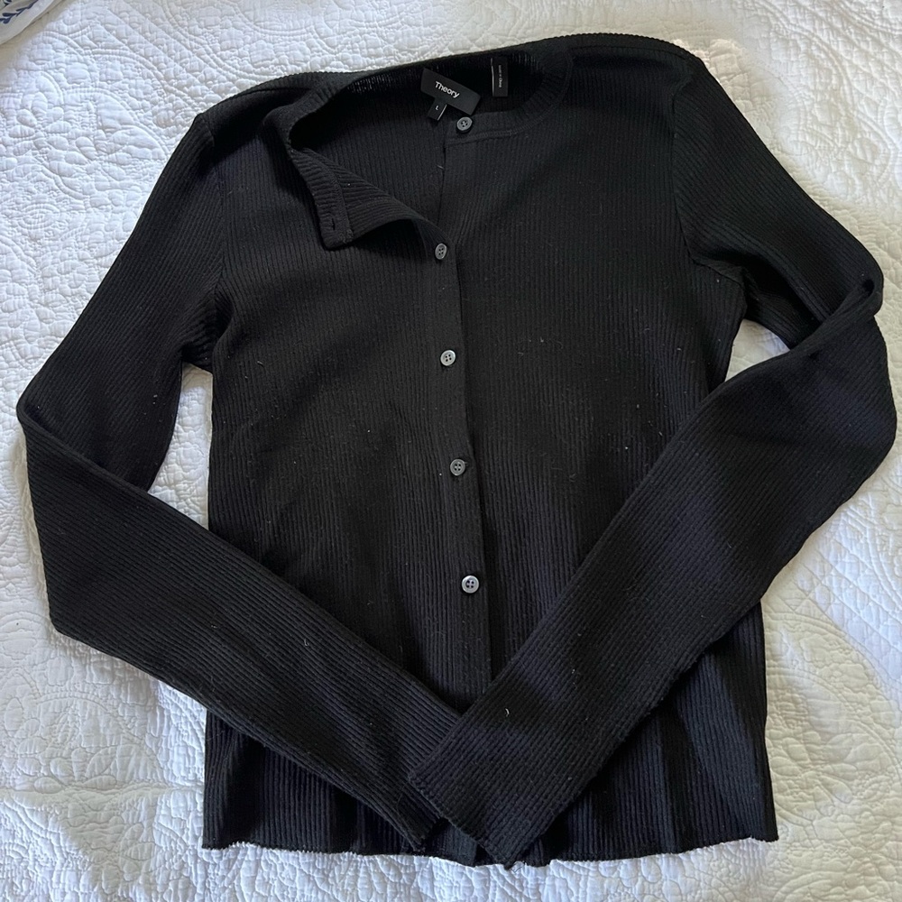 Theory Black Ribbed Cardigan Sweater